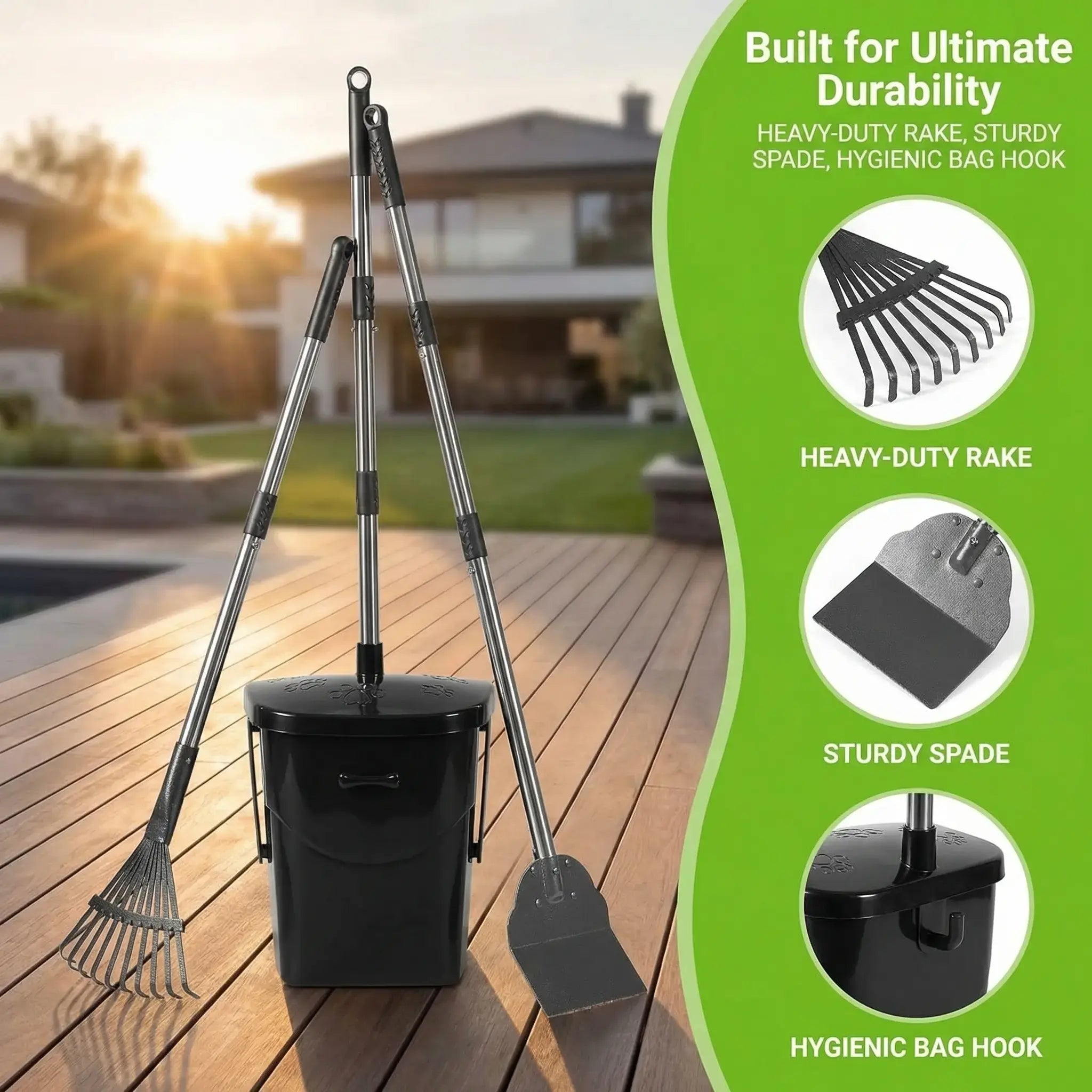 Stainless Steel Dog Pooper Scooper,40" Long Handle Swivel Bin, Rake and Spade,20 Waste Bags & Hook - Heavy Duty Portable Metal Poop Scooper for Large,Medium and Small Dogs