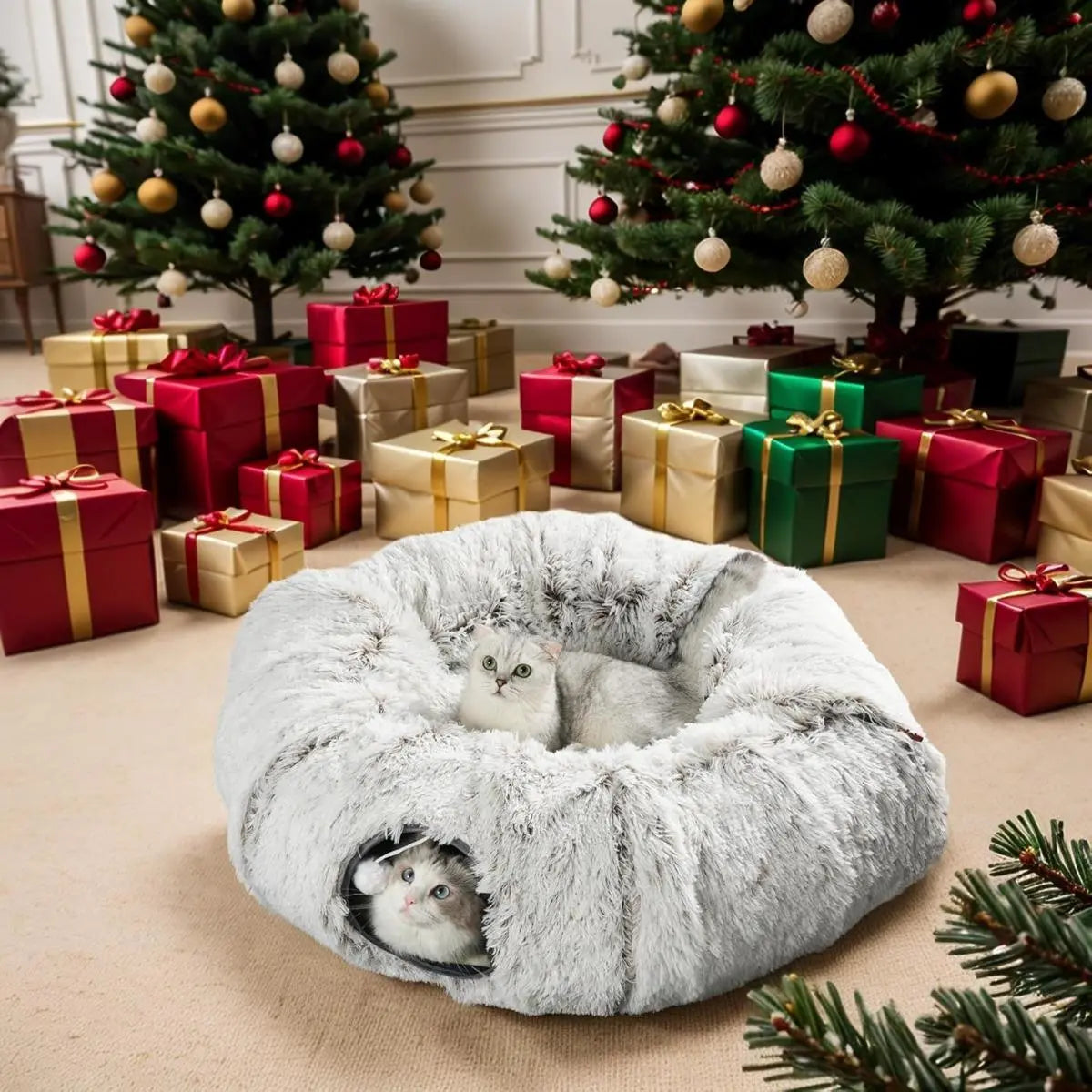 Cat Tunnel Bed for Indoor Cats, with Detachable Soft Mat, Fluffy Plush Central Cat Couch, Hanging Toy, Multifunctional Plush Cattasaurus Peekaboo Cave for Small, Medium, Large Cats, Rabbit Kitten Tower Bedding