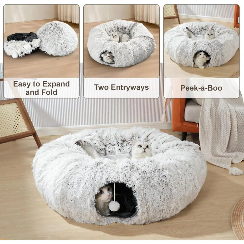 Cat Tunnel Bed for Indoor Cats, with Detachable Soft Mat, Fluffy Plush Central Cat Couch, Hanging Toy, Multifunctional Plush Cattasaurus Peekaboo Cave for Small, Medium, Large Cats, Rabbit Kitten Tower Bedding
