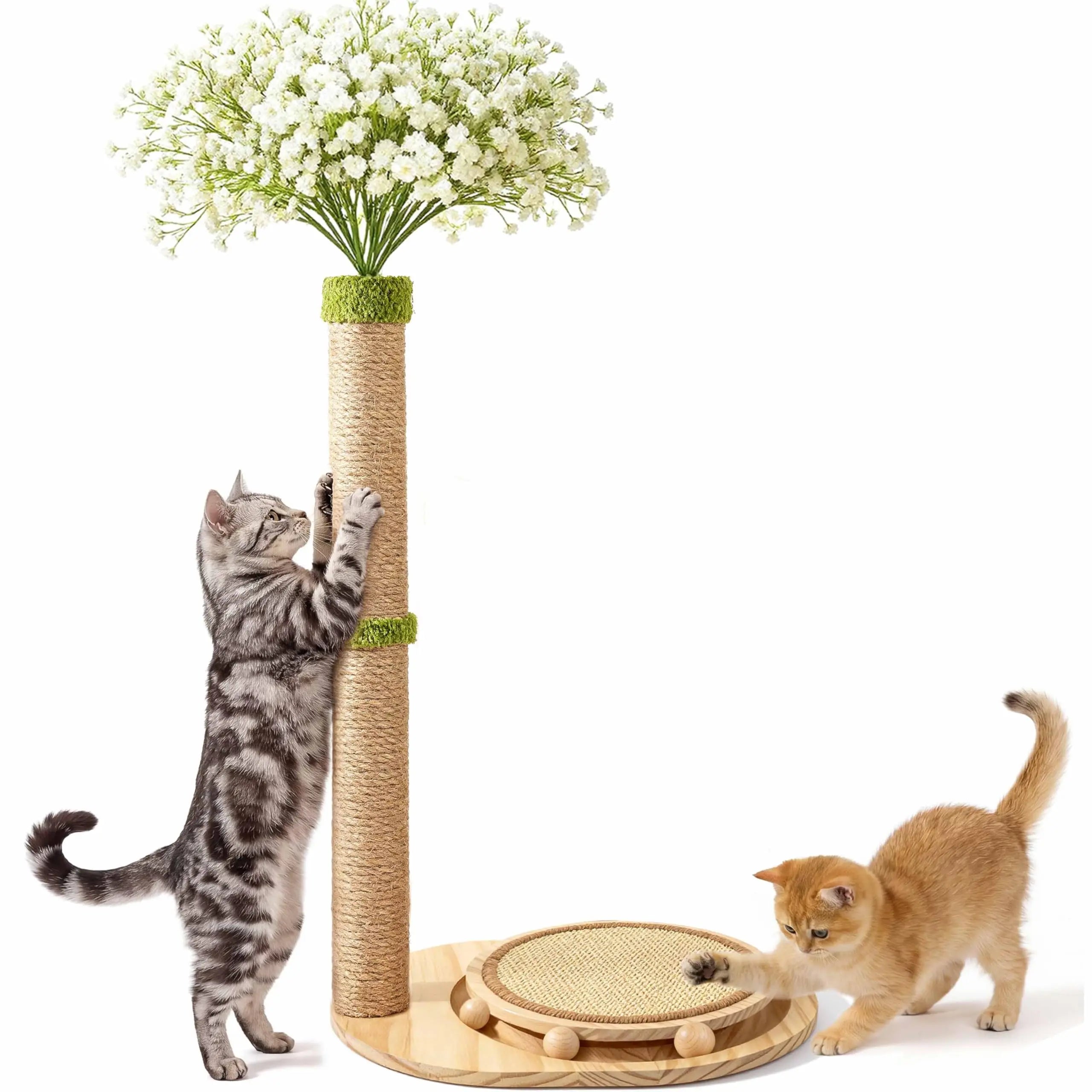 Cute Babys Breath Flower Cat Scratching Post, 39" Tall Cat Scratcher, Interactive Cat Toys with Ball Track & Spring Ball, Cat Scratch Post with Pad for Indoor Cats Adults and Kittens #Summersale