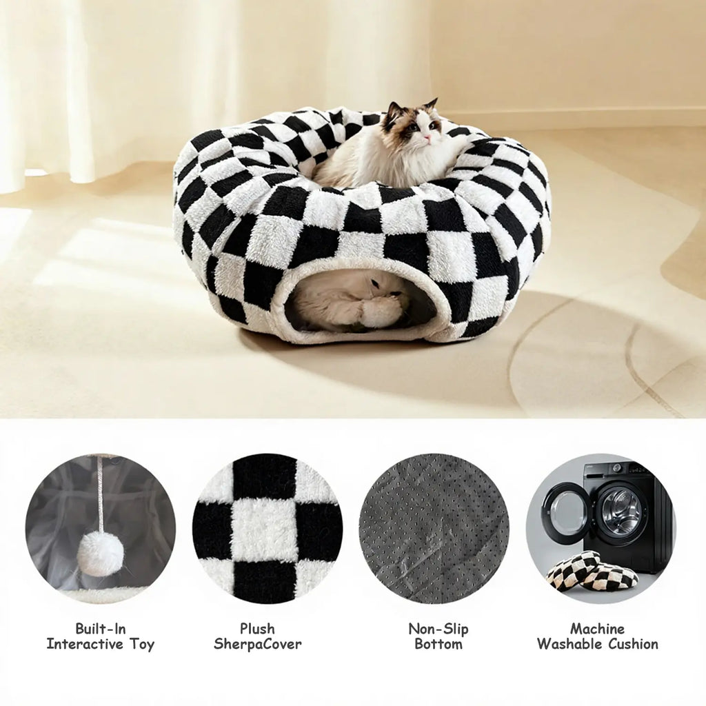 Mizusu 2-In-1 Cute Fluffy Pet Bed - round Plush Tunnel Bed with Washable Cushion, Peekaboo Cave for Cats & Small Dogs, Cute Fluffy Beds