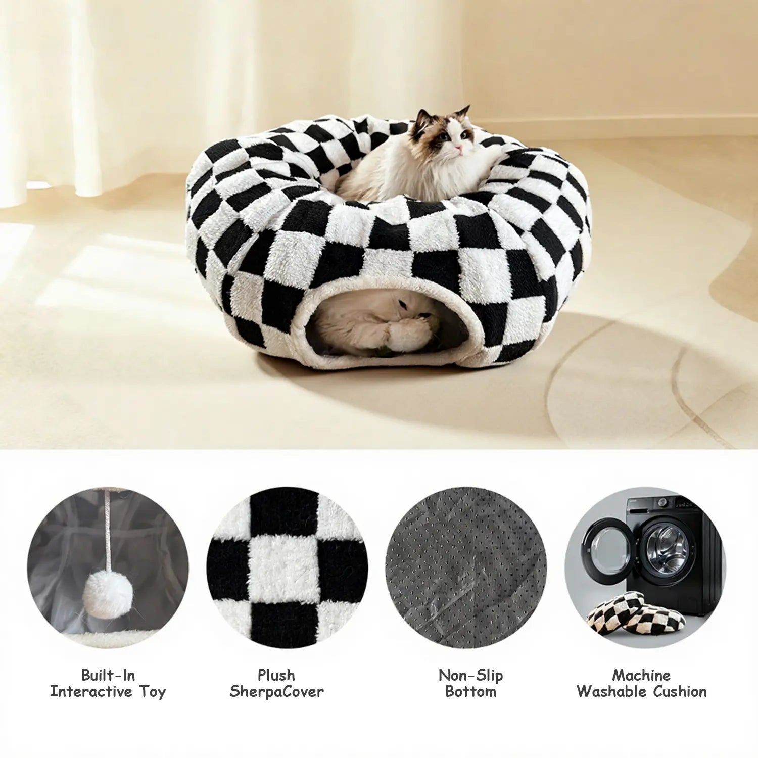 Mizusu 2-In-1 Cute Fluffy Pet Bed - round Plush Tunnel Bed with Washable Cushion, Peekaboo Cave for Cats & Small Dogs, Cute Fluffy Beds