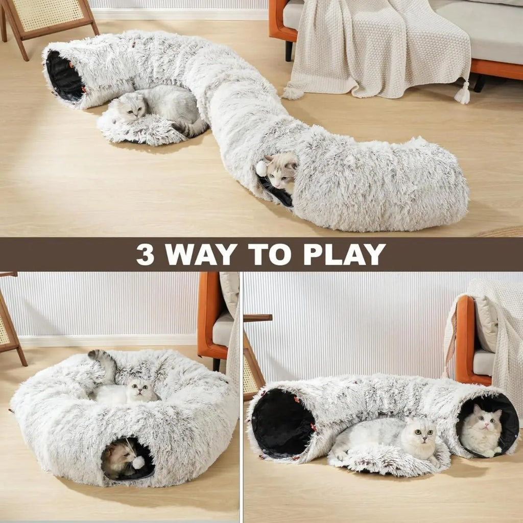 Cat Tunnel Bed for Indoor Cats, with Detachable Soft Mat, Fluffy Plush Central Cat Couch, Hanging Toy, Multifunctional Plush Cattasaurus Peekaboo Cave for Small, Medium, Large Cats, Rabbit Kitten Tower Bedding