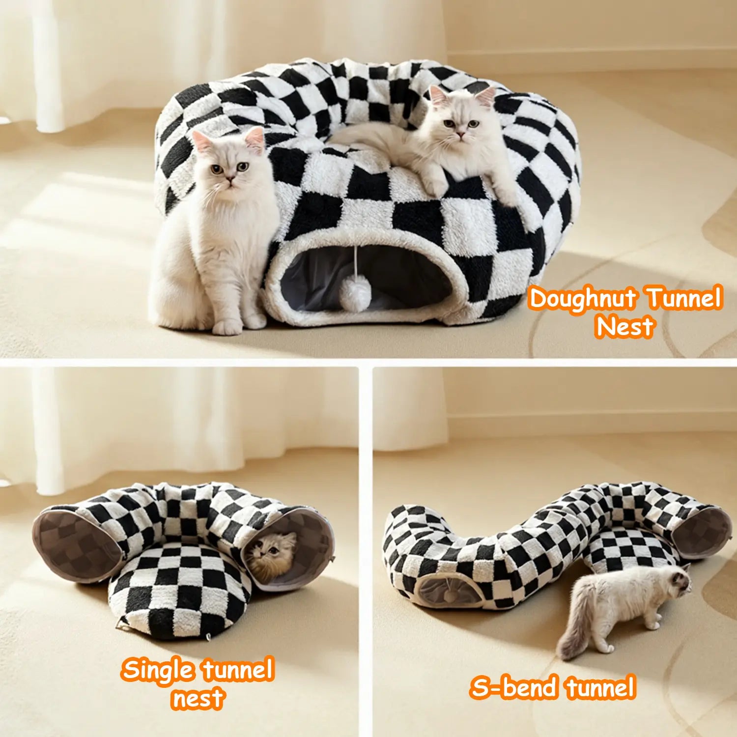 Mizusu 2-In-1 Cute Fluffy Pet Bed - round Plush Tunnel Bed with Washable Cushion, Peekaboo Cave for Cats & Small Dogs, Cute Fluffy Beds