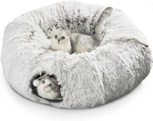 Cat Tunnel Bed for Indoor Cats, with Detachable Soft Mat, Fluffy Plush Central Cat Couch, Hanging Toy, Multifunctional Plush Cattasaurus Peekaboo Cave for Small, Medium, Large Cats, Rabbit Kitten Tower Bedding