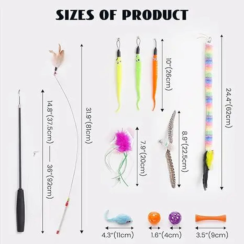 Pawsible 2 Pack Cat Teaser Playset, Wire & Fishing Pole Teaser with 7 Interactive Toys for Diverse Combo, Ideal Indoor Toys Collection for Cats