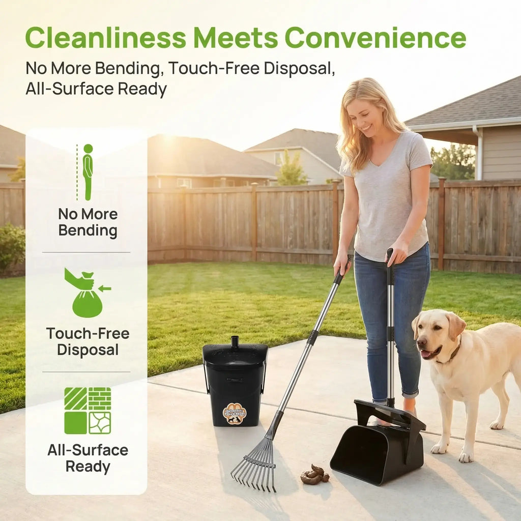 Stainless Steel Dog Pooper Scooper,40" Long Handle Swivel Bin, Rake and Spade,20 Waste Bags & Hook - Heavy Duty Portable Metal Poop Scooper for Large,Medium and Small Dogs