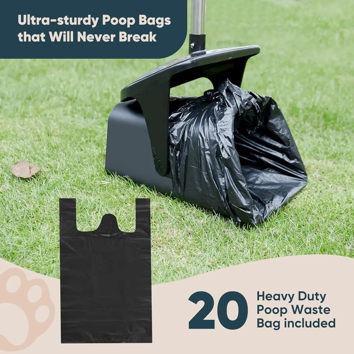 Stainless Steel Dog Pooper Scooper,40" Long Handle Swivel Bin, Rake and Spade,20 Waste Bags & Hook - Heavy Duty Portable Metal Poop Scooper for Large,Medium and Small Dogs