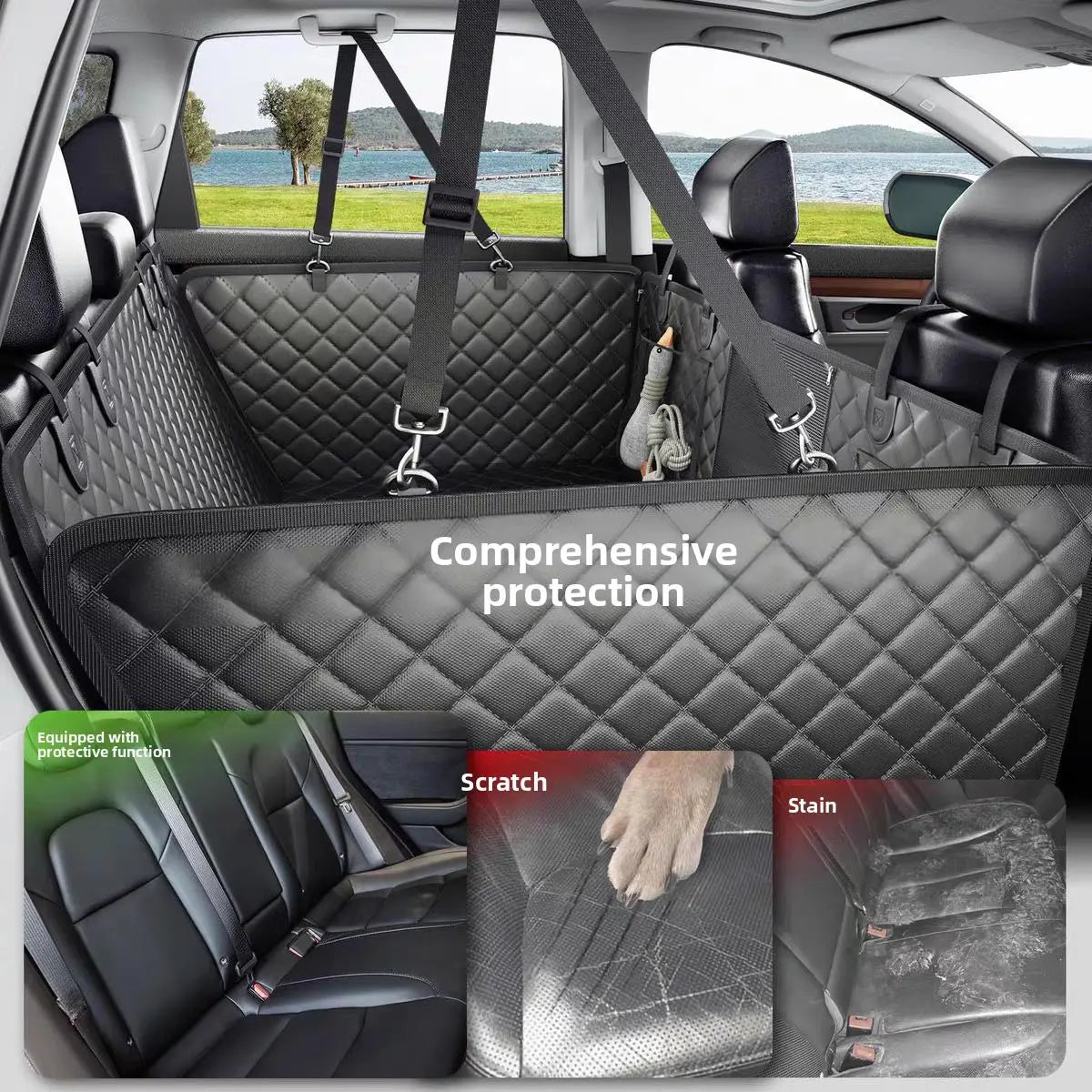 Back Seat Extender for Dogs,Hard Bottom Car Seat Cover for Back Seat,Holds 400Ibs Heavy Duty 600D Waterproof Dog Hammock with Mesh Window,Backseat Pet Cover for Car/Suv