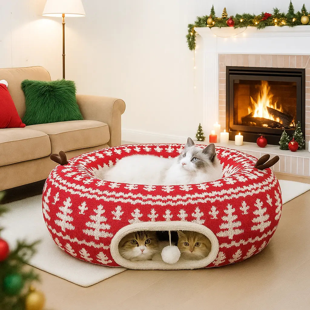 Mizusu 2-In-1 Cute Fluffy Pet Bed - round Plush Tunnel Bed with Washable Cushion, Peekaboo Cave for Cats & Small Dogs, Cute Fluffy Beds