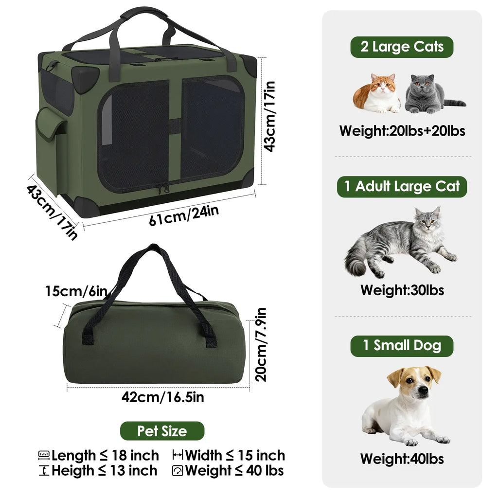 Extra Large Cat Carrier for 2 Cats, XL with Removable Divider, Foldable Soft-Sided Pet Carrier with Storage Tote, Portable Travel Crate for Large Cats, for Car & Home Use, 24" X 17" X 17"