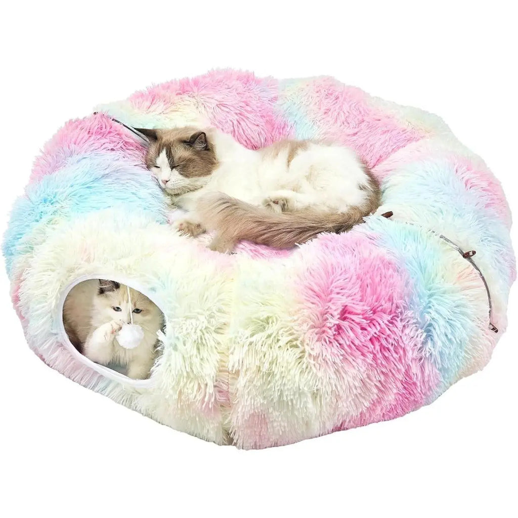 Cat Tunnel Bed for Indoor Cats, with Detachable Soft Mat, Fluffy Plush Central Cat Couch, Hanging Toy, Multifunctional Plush Cattasaurus Peekaboo Cave for Small, Medium, Large Cats, Rabbit Kitten Tower Bedding