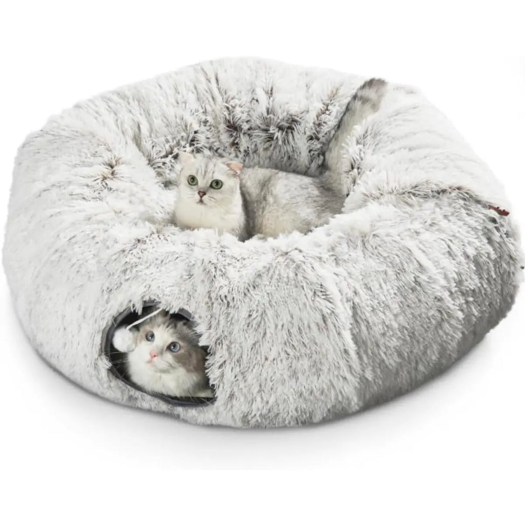 Cat Tunnel Bed for Indoor Cats, with Detachable Soft Mat, Fluffy Plush Central Cat Couch, Hanging Toy, Multifunctional Plush Cattasaurus Peekaboo Cave for Small, Medium, Large Cats, Rabbit Kitten Tower Bedding
