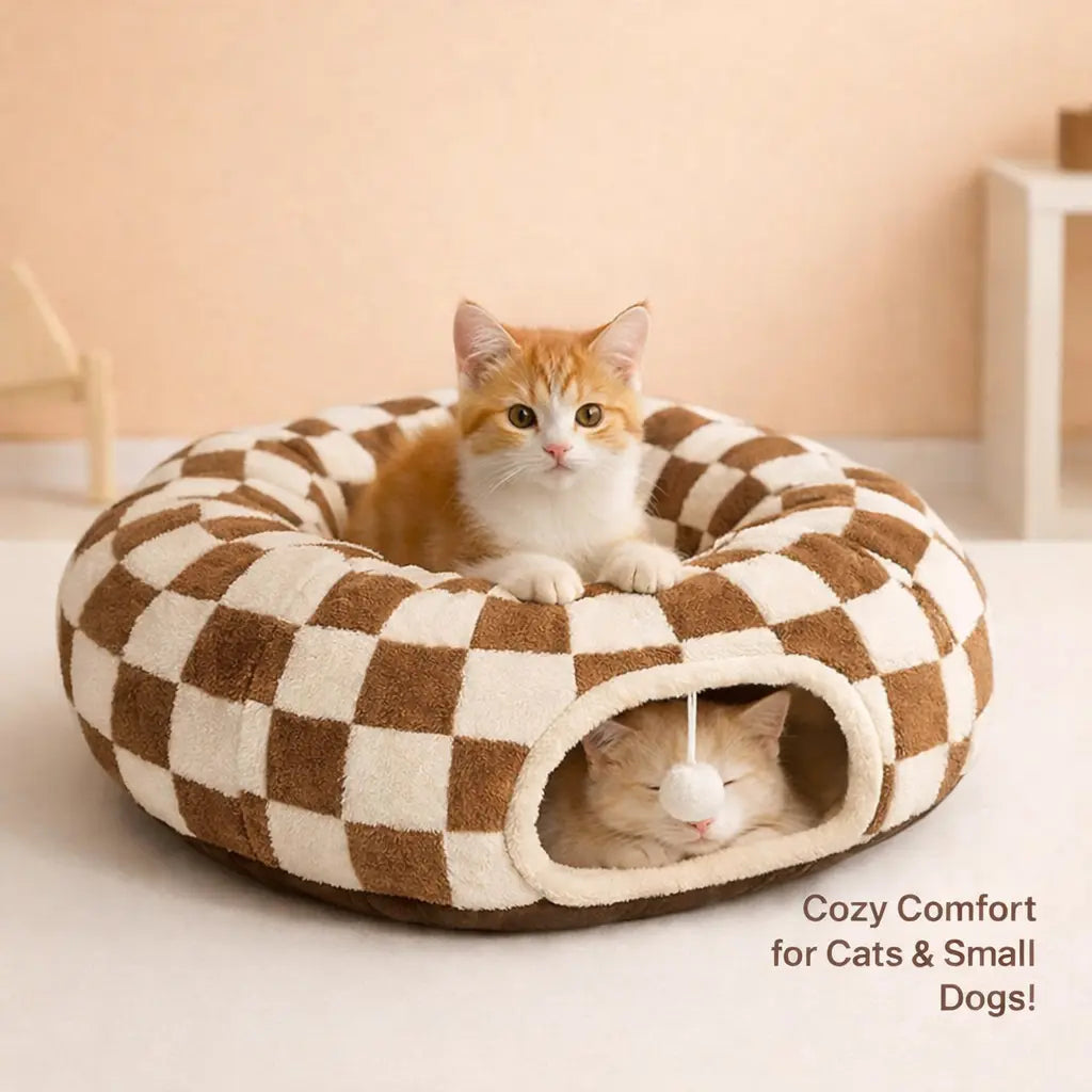 Mizusu 2-In-1 Cute Fluffy Pet Bed - round Plush Tunnel Bed with Washable Cushion, Peekaboo Cave for Cats & Small Dogs, Cute Fluffy Beds