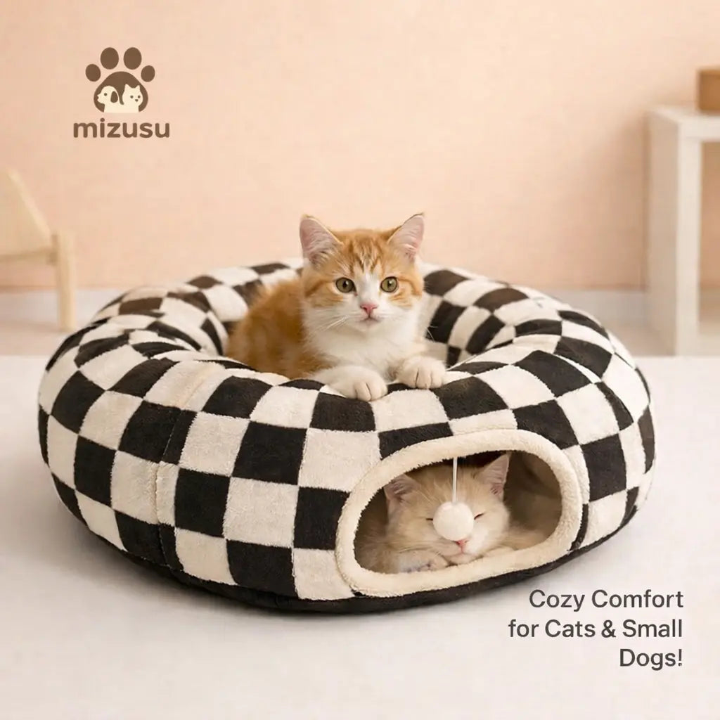Mizusu 2-In-1 Cute Fluffy Pet Bed - round Plush Tunnel Bed with Washable Cushion, Peekaboo Cave for Cats & Small Dogs, Cute Fluffy Beds