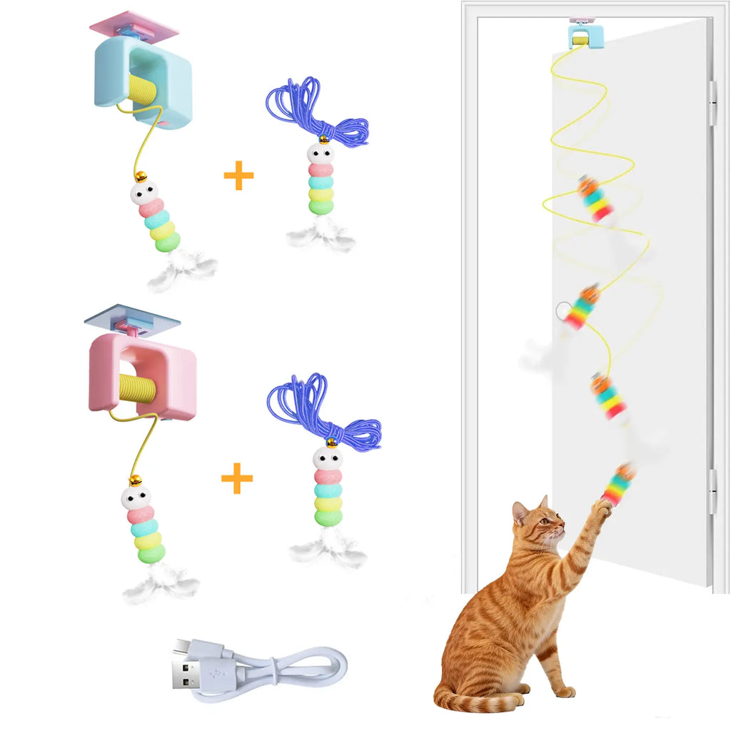 Kawiwi Interactive Cat Toys, Echargeable Hangingdoor Cat Toy with Replacement Toy and Elastic Rope, Automatic Electric Flying Feather Cat Toy for Chase Exercise Enrichment Stimulation, Durable Safe Hanging Toy for Bored Kittens Adult Multi Cat Households