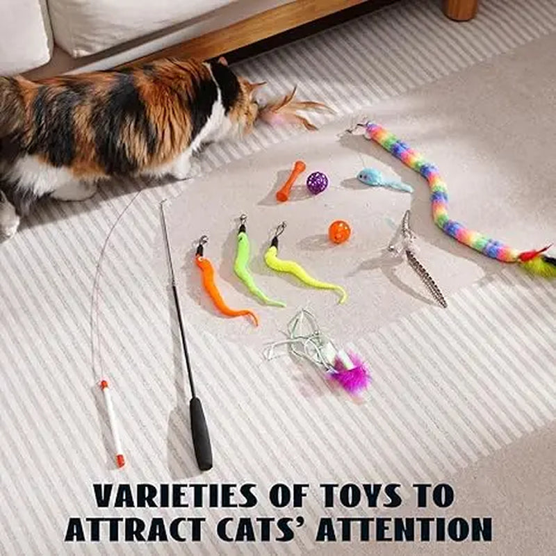 Pawsible 2 Pack Cat Teaser Playset, Wire & Fishing Pole Teaser with 7 Interactive Toys for Diverse Combo, Ideal Indoor Toys Collection for Cats