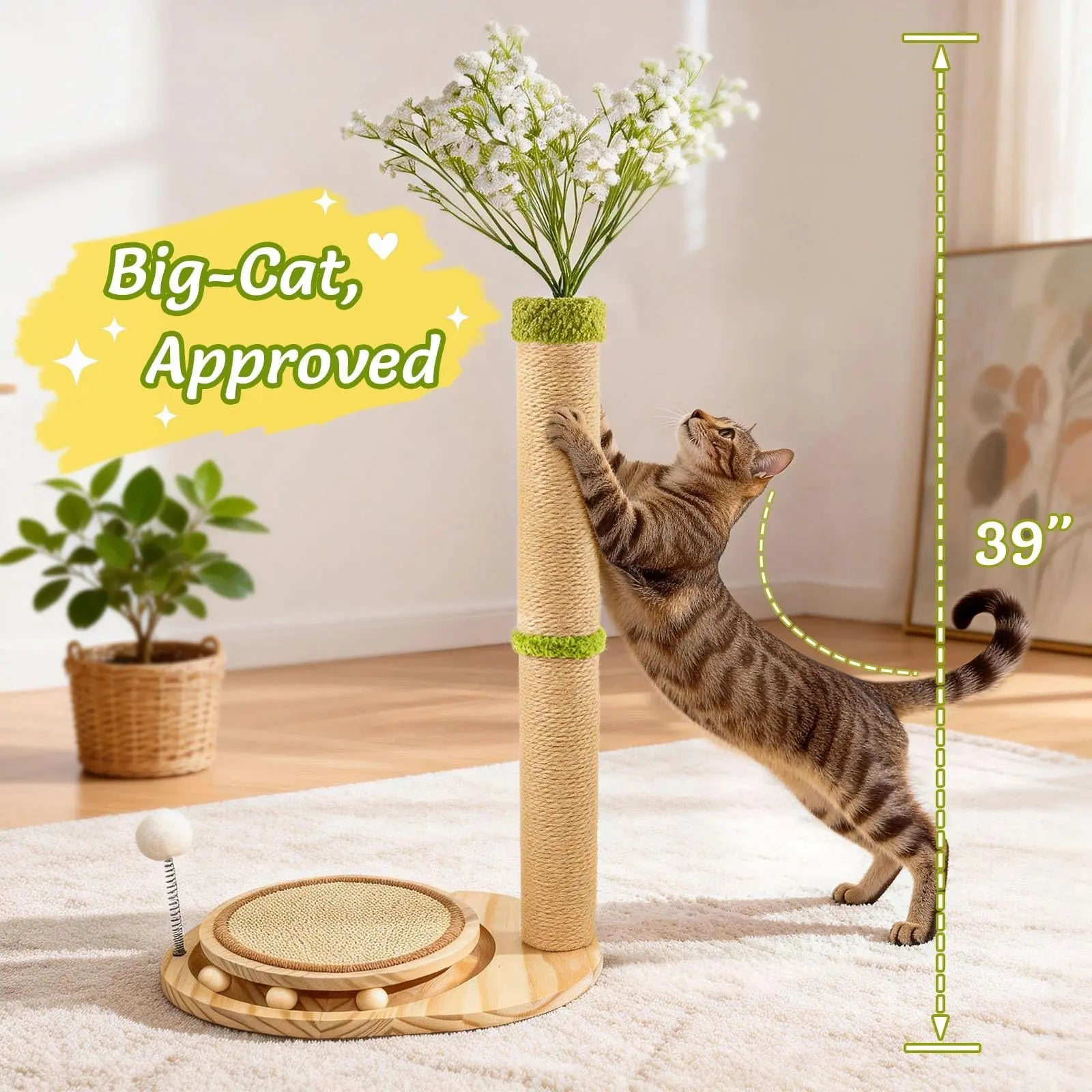 Cute Babys Breath Flower Cat Scratching Post, 39" Tall Cat Scratcher, Interactive Cat Toys with Ball Track & Spring Ball, Cat Scratch Post with Pad for Indoor Cats Adults and Kittens #Summersale