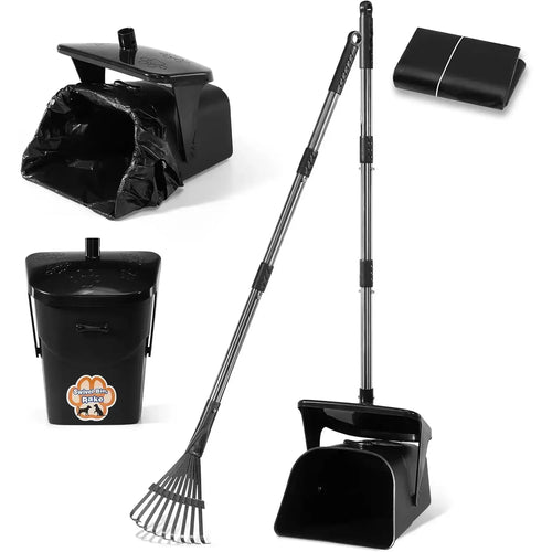 Stainless Steel Dog Pooper Scooper,40" Long Handle Swivel Bin, Rake and Spade,20 Waste Bags & Hook - Heavy Duty Portable Metal Poop Scooper for Large,Medium and Small Dogs