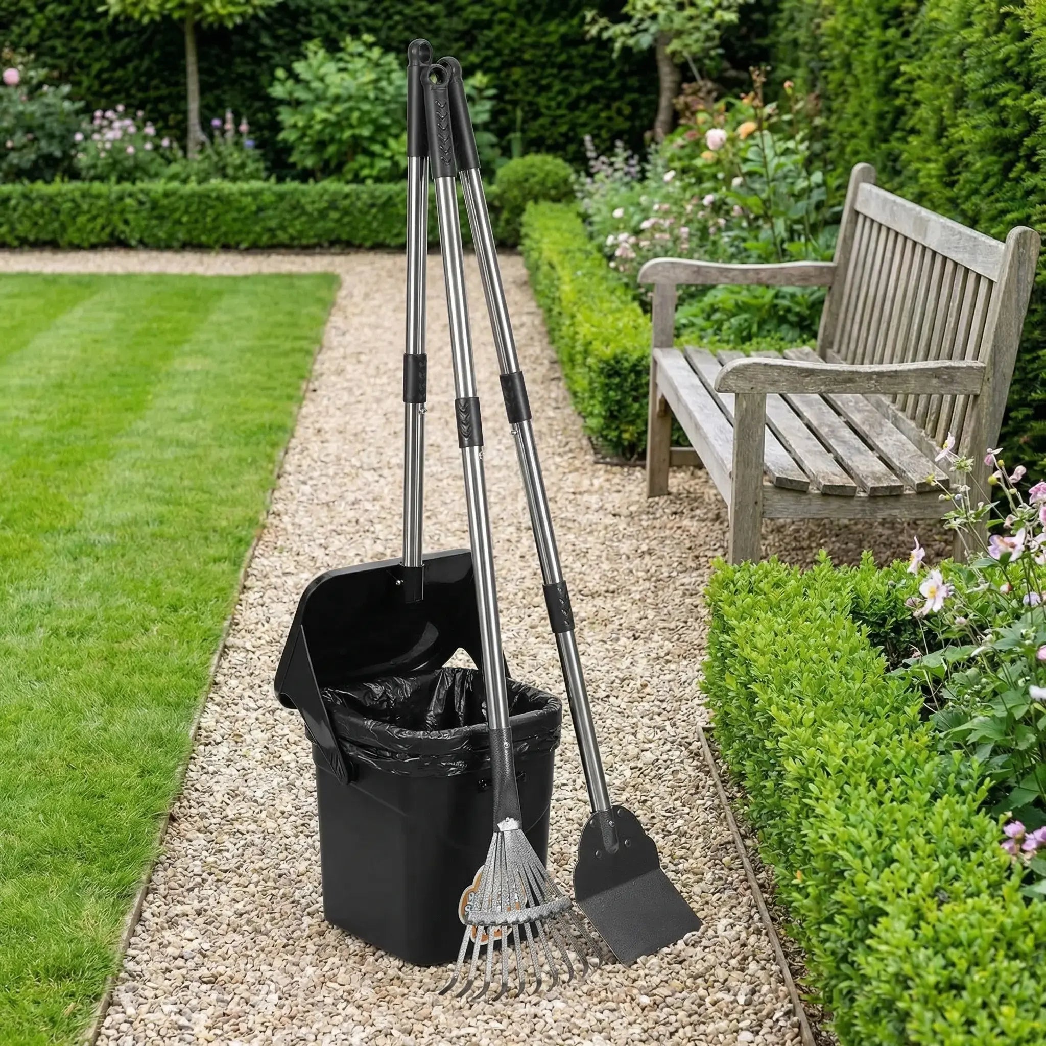 Stainless Steel Dog Pooper Scooper,40" Long Handle Swivel Bin, Rake and Spade,20 Waste Bags & Hook - Heavy Duty Portable Metal Poop Scooper for Large,Medium and Small Dogs