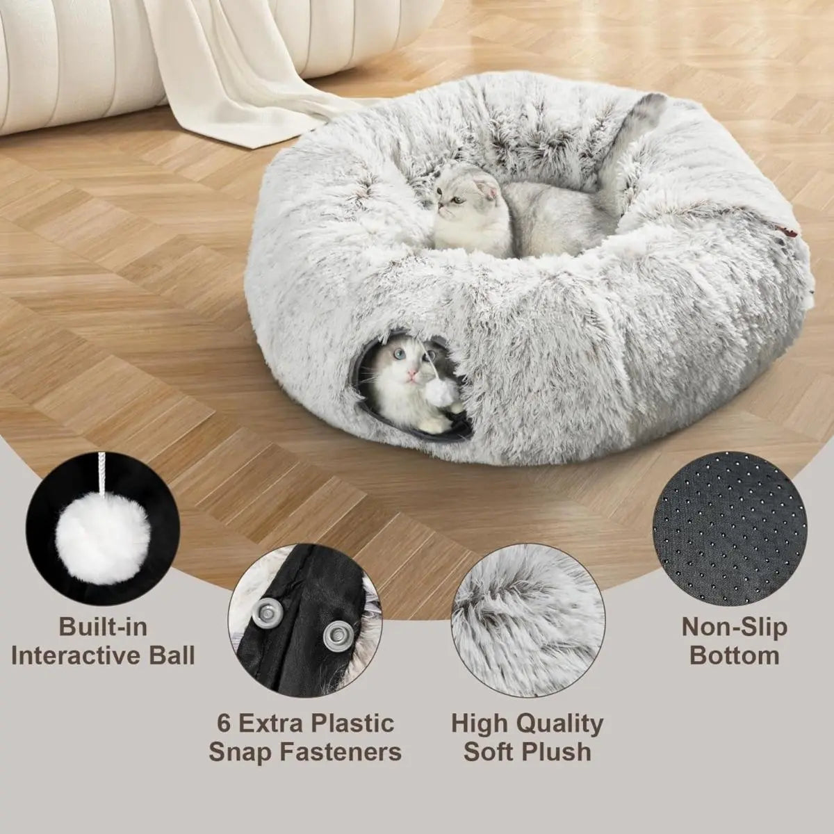Cat Tunnel Bed for Indoor Cats, with Detachable Soft Mat, Fluffy Plush Central Cat Couch, Hanging Toy, Multifunctional Plush Cattasaurus Peekaboo Cave for Small, Medium, Large Cats, Rabbit Kitten Tower Bedding