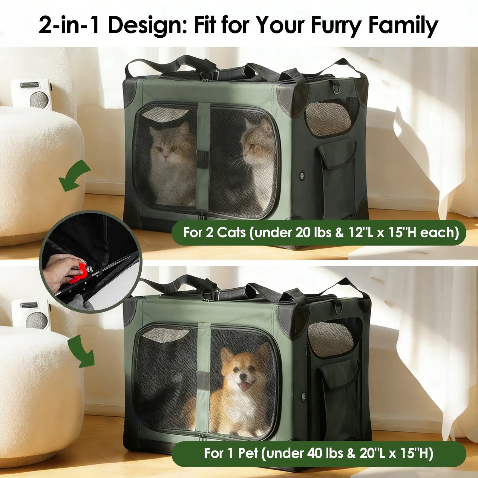 Extra Large Cat Carrier for 2 Cats, XL with Removable Divider, Foldable Soft-Sided Pet Carrier with Storage Tote, Portable Travel Crate for Large Cats, for Car & Home Use, 24" X 17" X 17"